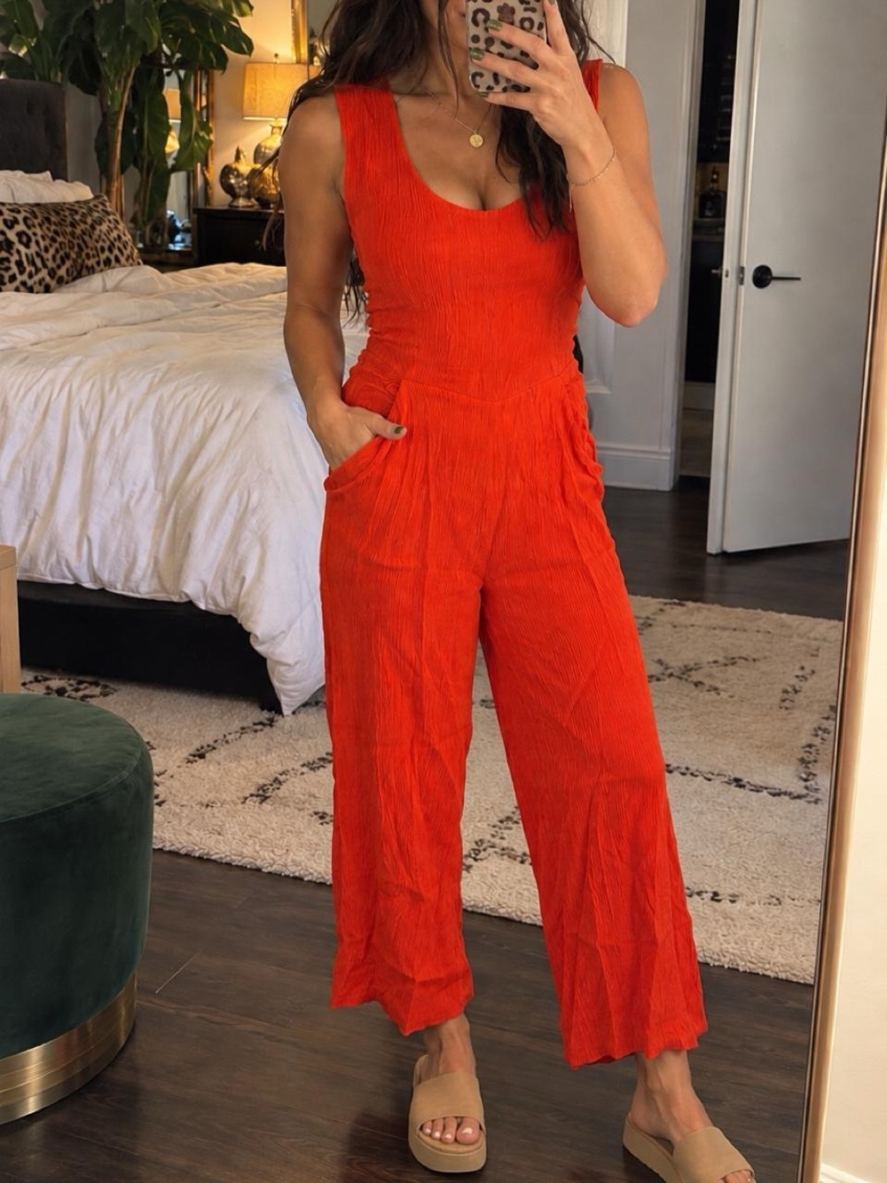 Anthropologie Orange Crinkle Wide Leg Jumpsuit Size 6